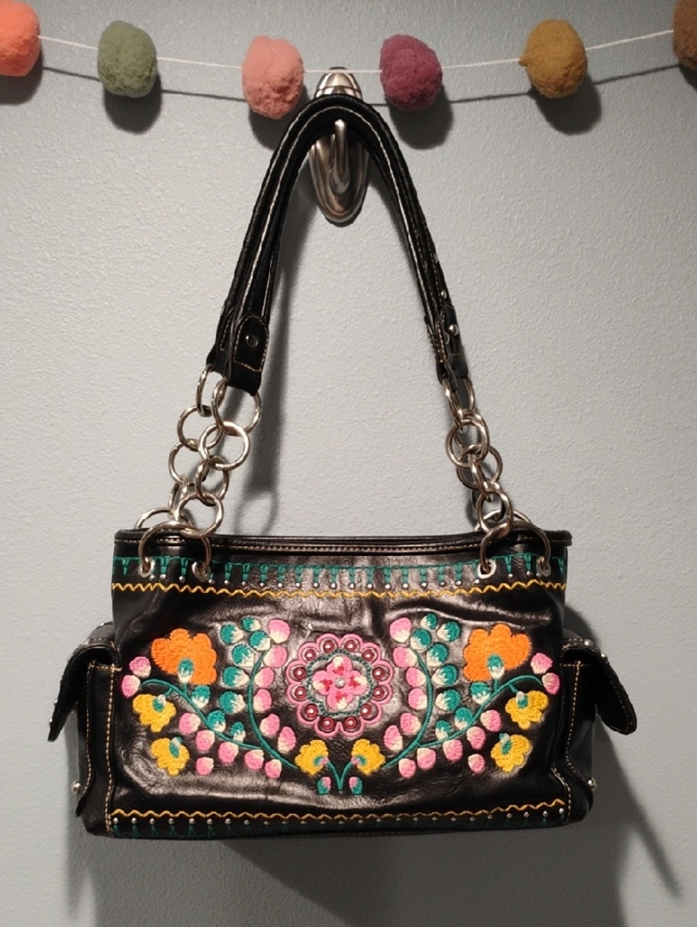 Black Embroidered Floral Shoulder Bag with Chain Handles